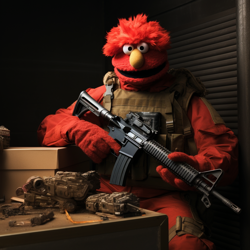 Elmo robbing bank with M16 rifle