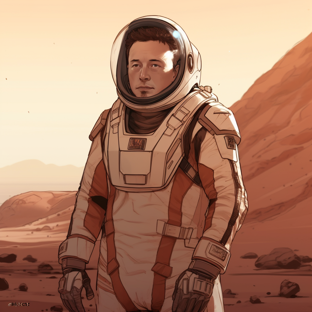 Elon Musk anime character in SpaceX spacesuit on Mars