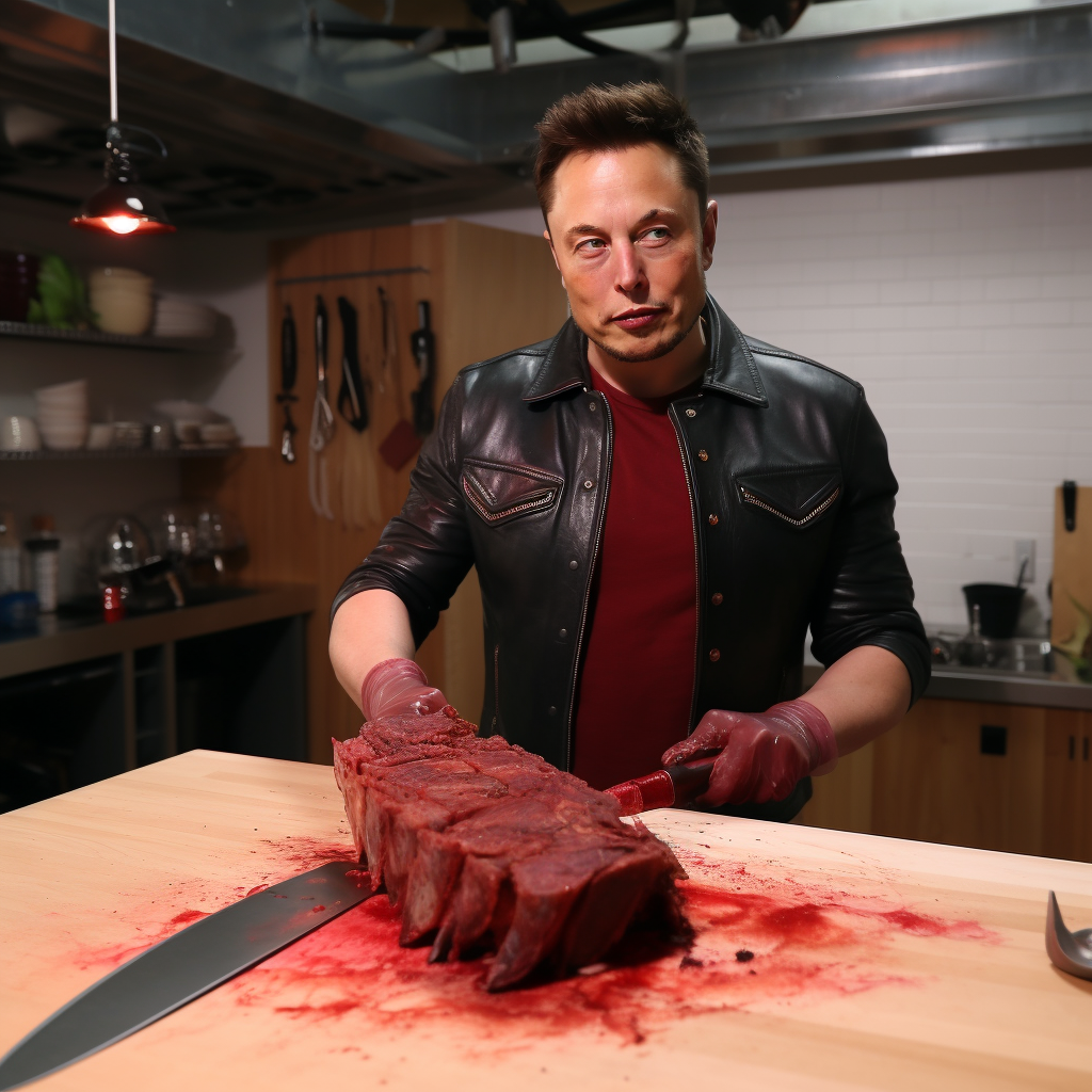 Elon Musk cutting meat with a knife