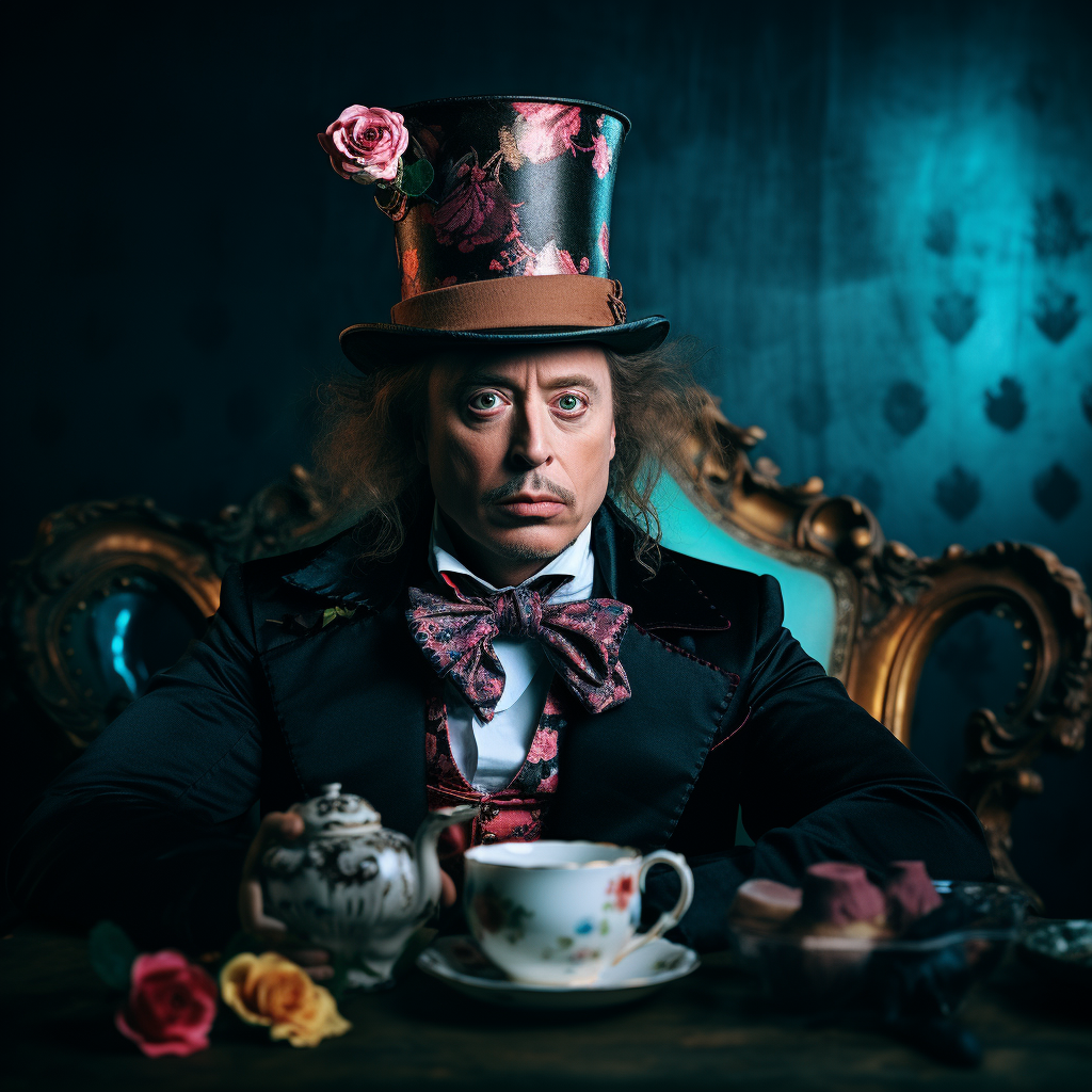 Elon Musk as Mad Hatter in Wonderland