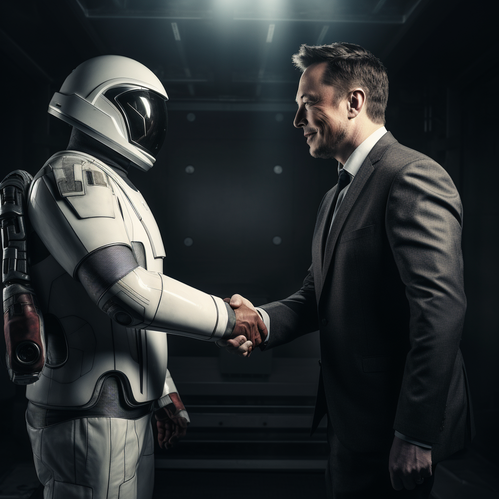 Elon Musk and astronaut shaking hands in space