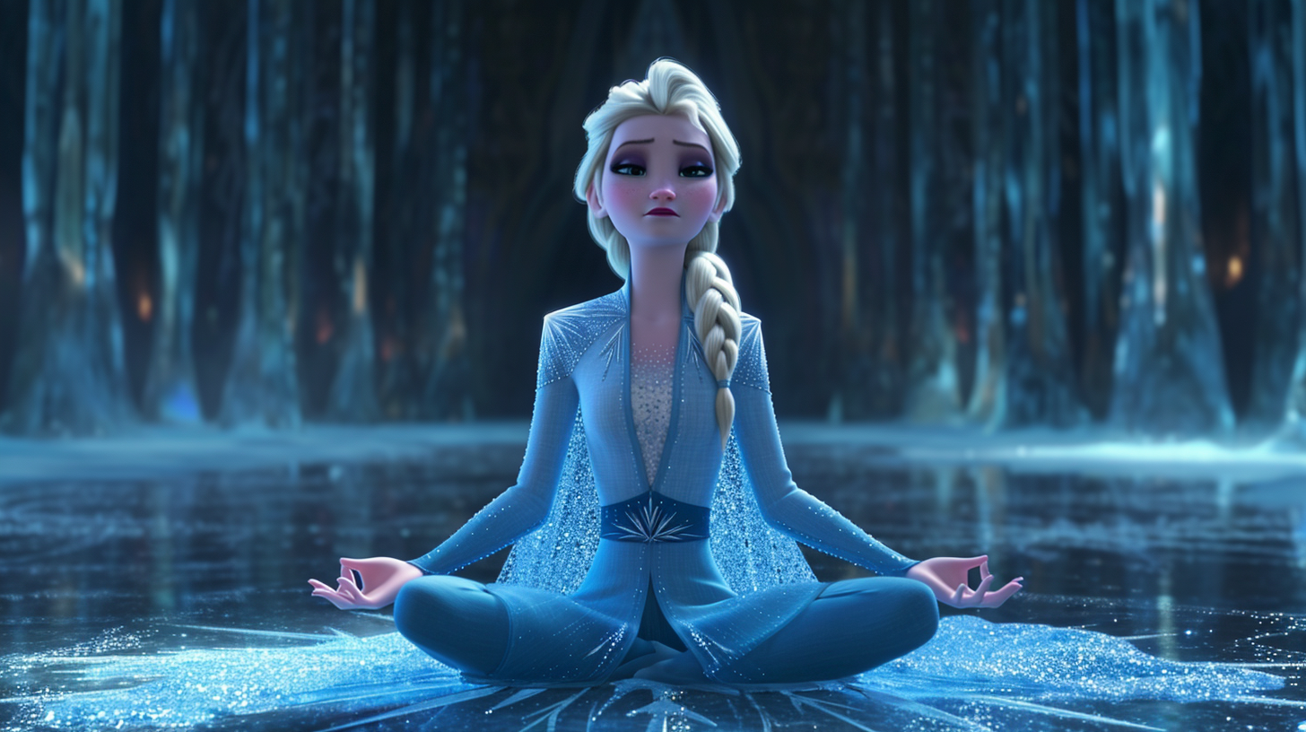 Elsa meditating in grand ice room