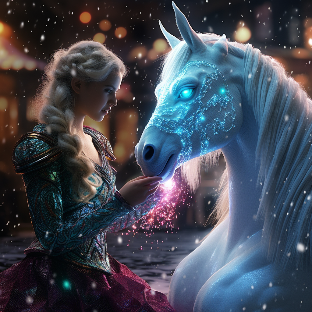 Elsa petting beautiful unicorn with glittery tail