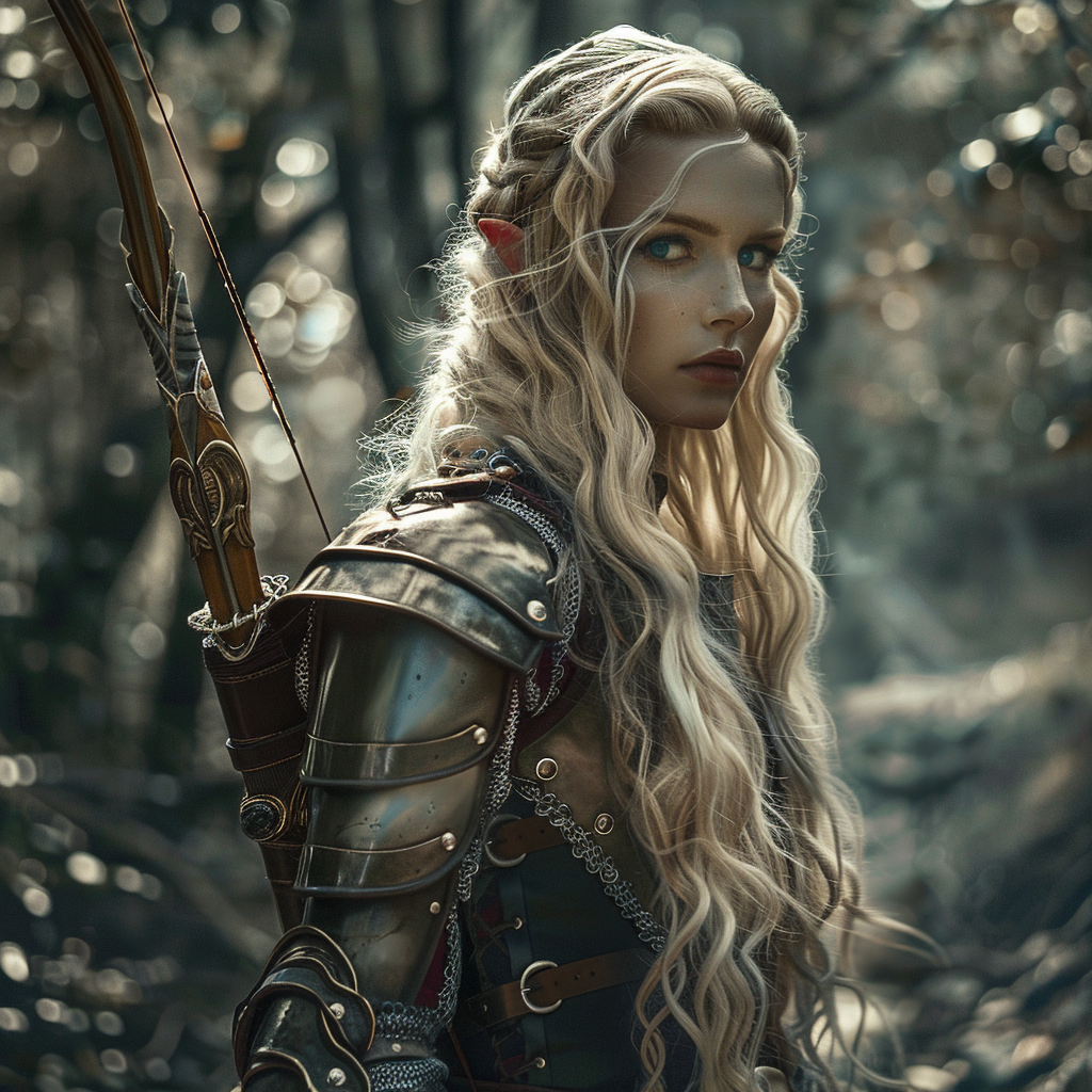 Elven archer with blond hair in forest