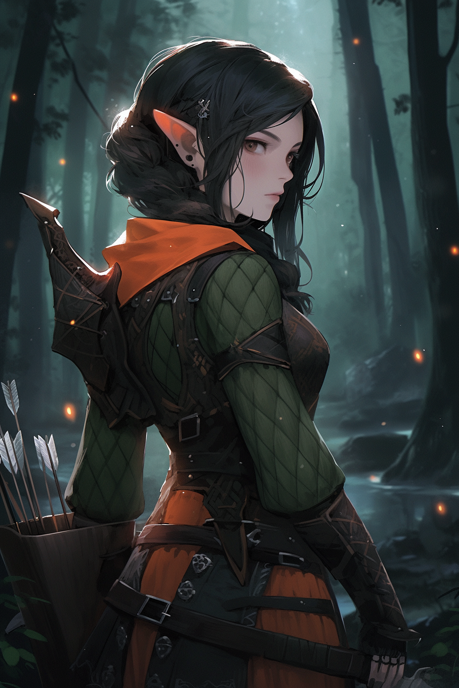 Female Elven Archer in Forest at Night