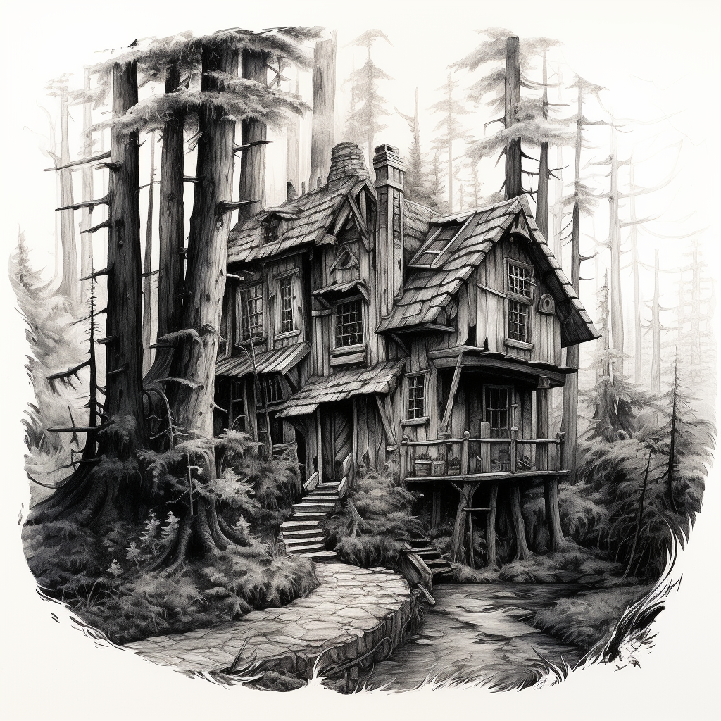 Black and white elven cabin in forest