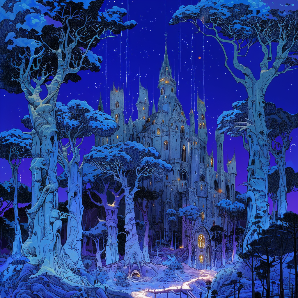 Elven castle in forest at night