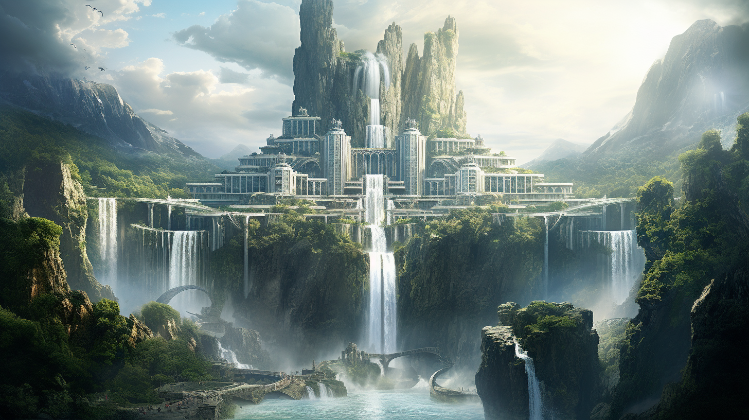 Panoramic view of stunning elven citadel and waterfall