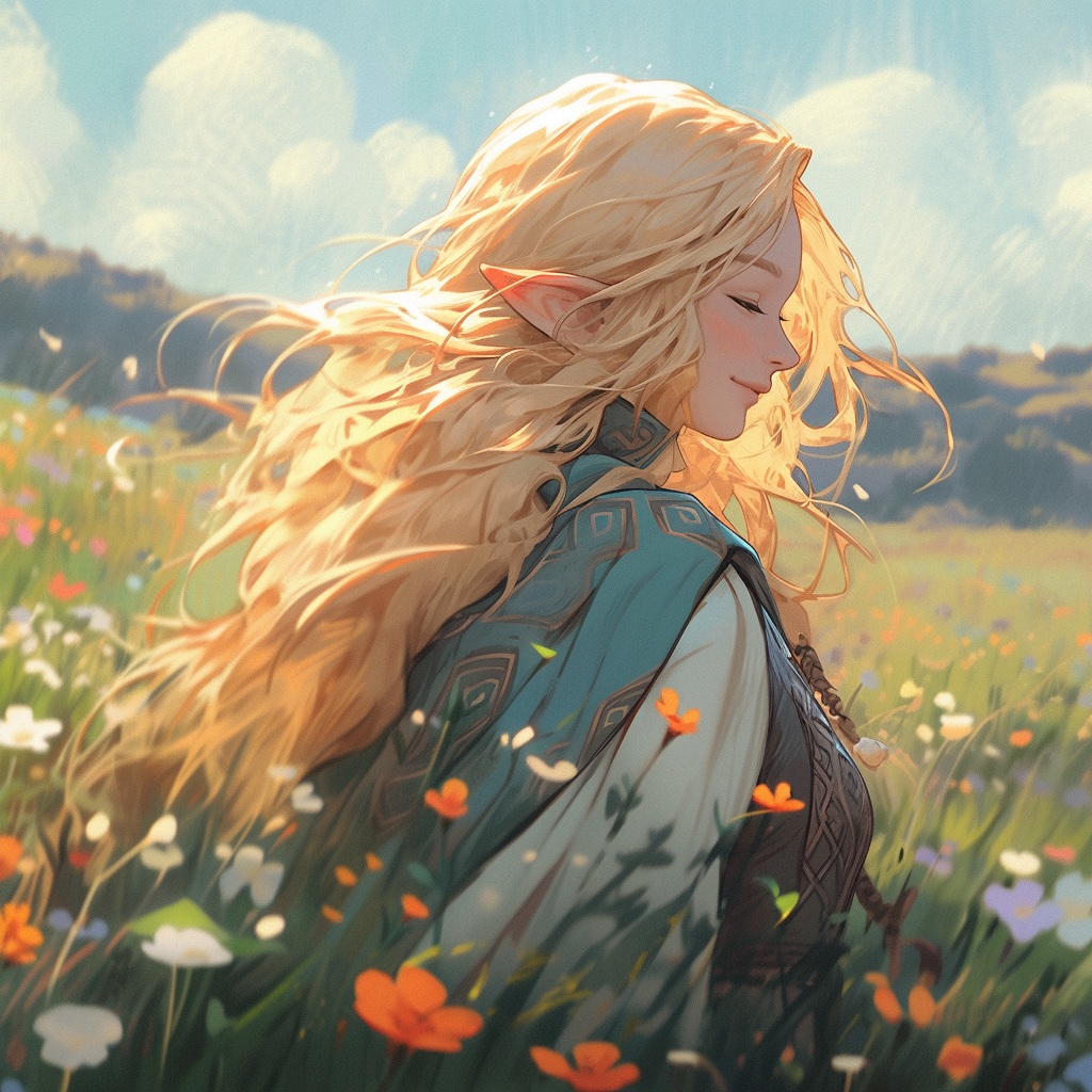 Blonde Elven Cleric in Flower Field