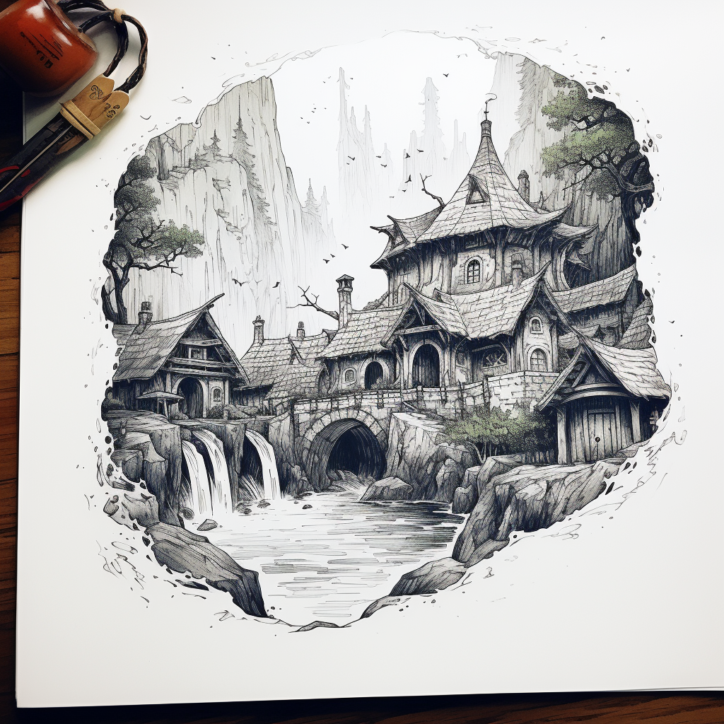 Elven village sketch in ink