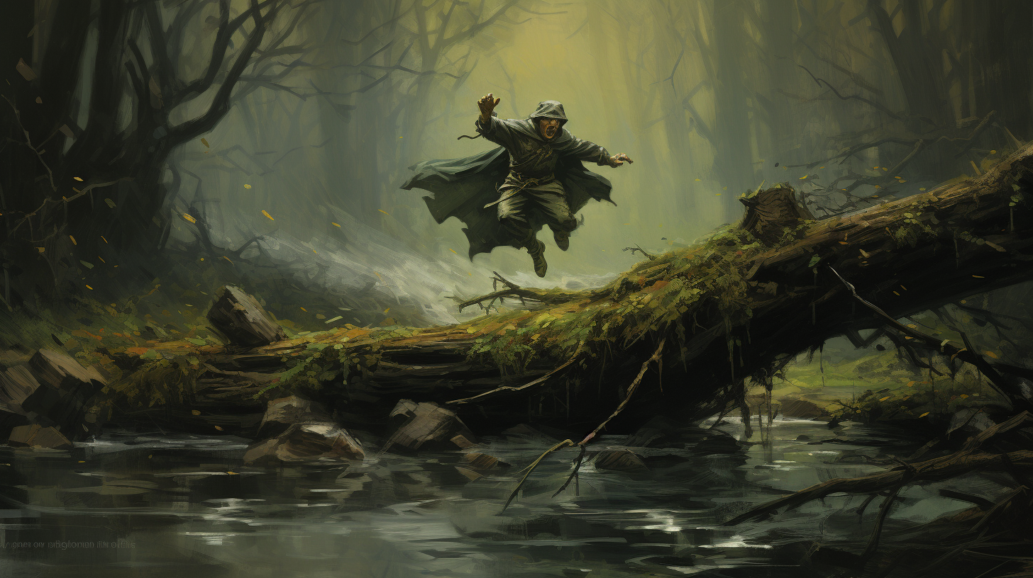 Elven warrior jumping over log in eerie swamp