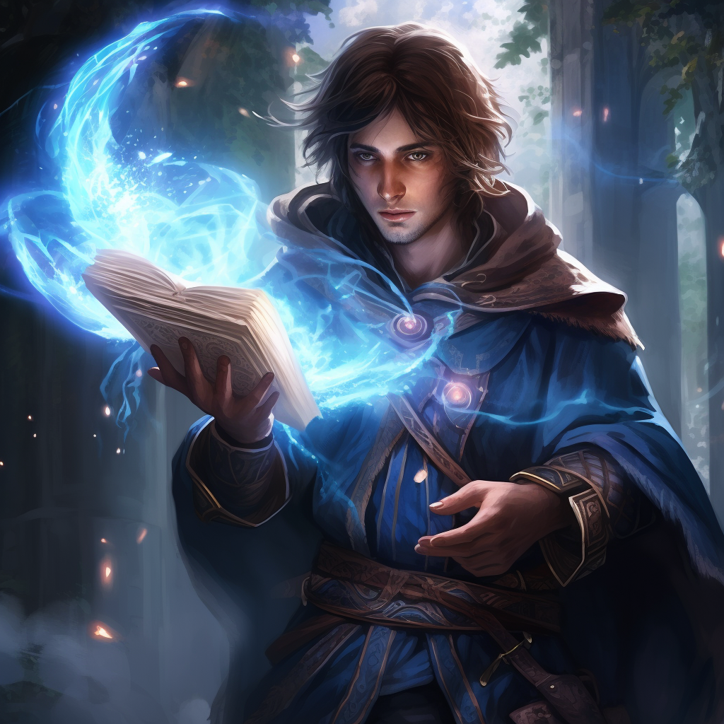 Male elven wizard casting blue magic spells