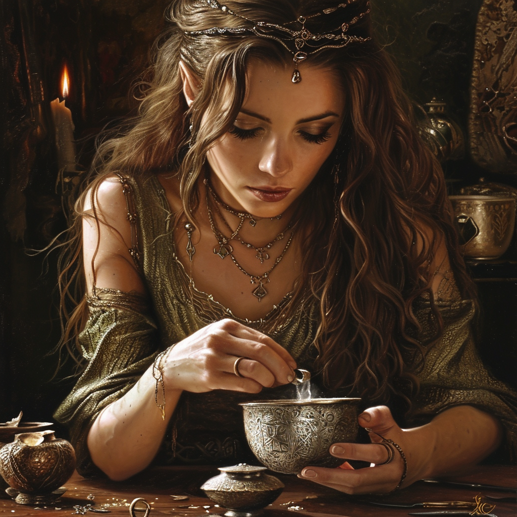 Elven woman engraving silver cup with brown hair