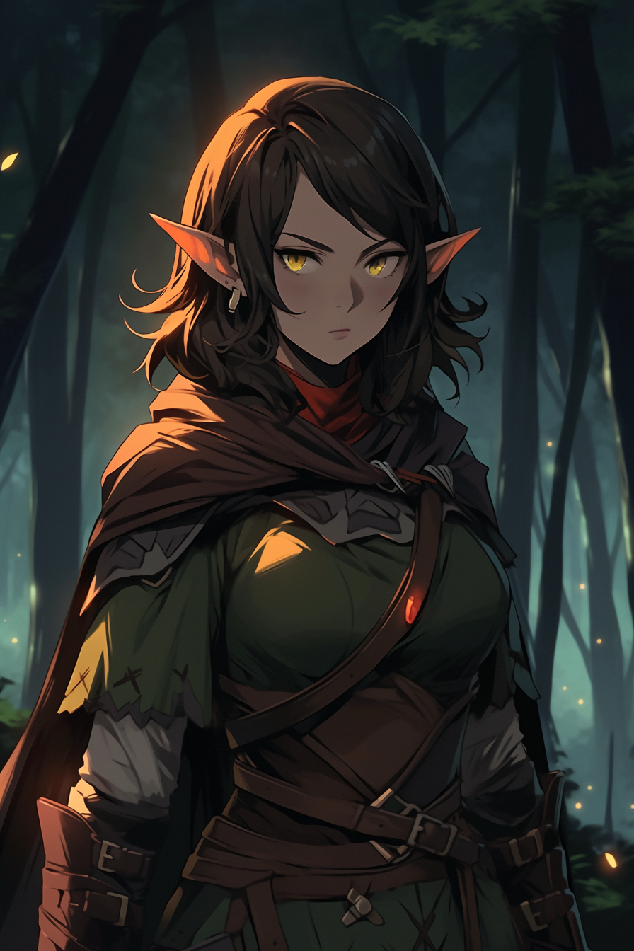 Elven female with brown hair and grey eyes in deep forest