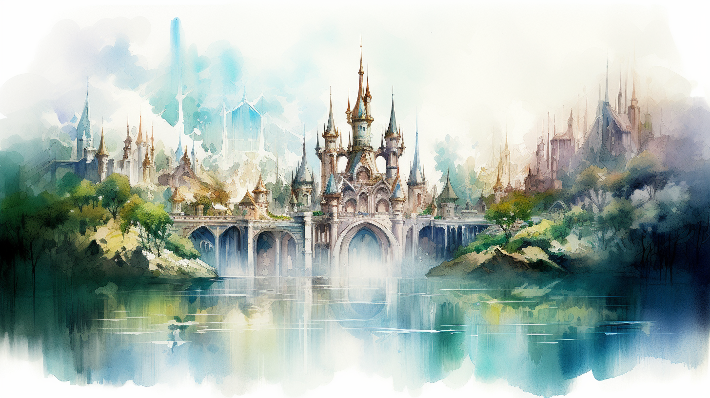 Fantasy city by the river painting