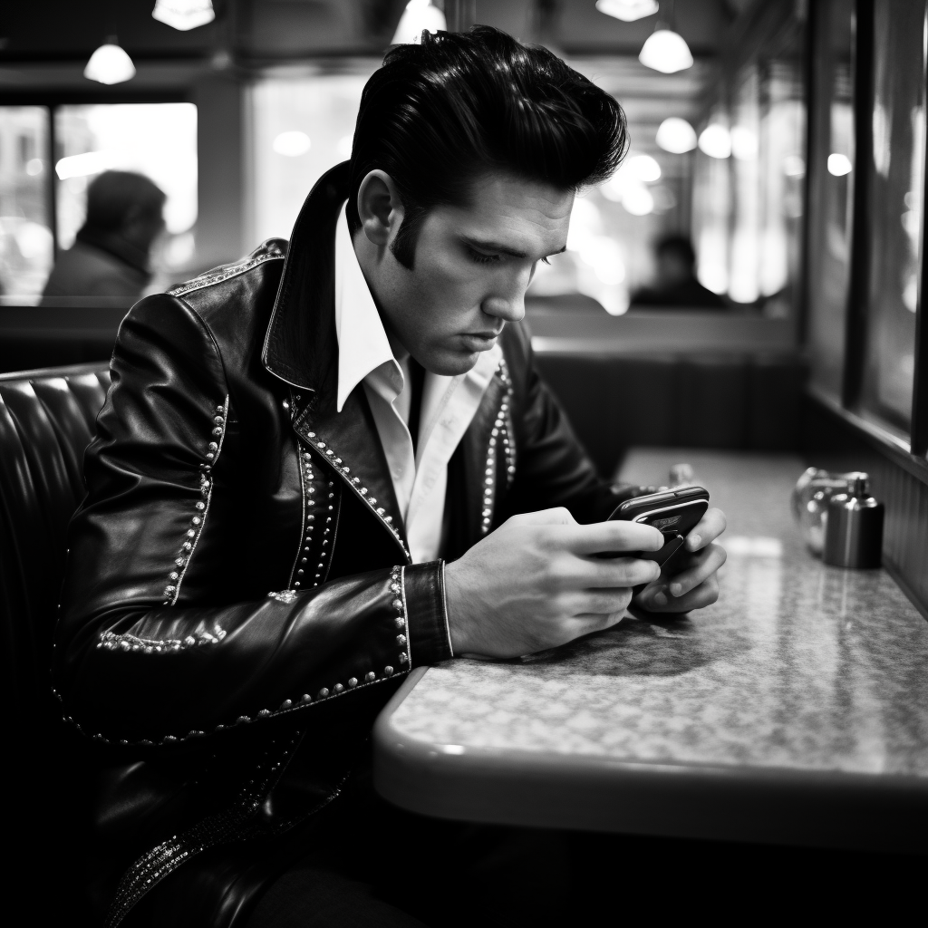 Sad Elvis Presley Swiping Smartphone at Cafe  ?