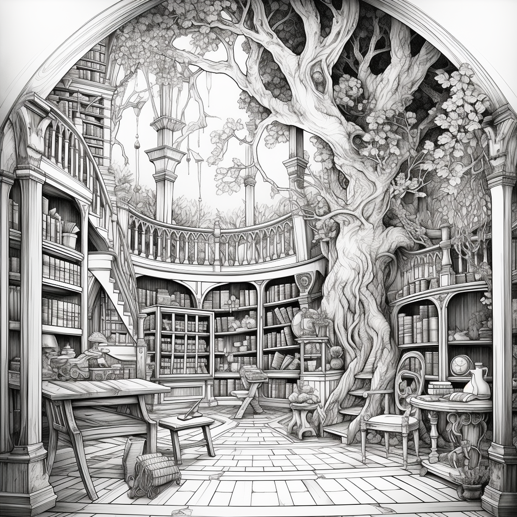 Coloring Page of Elvish Library