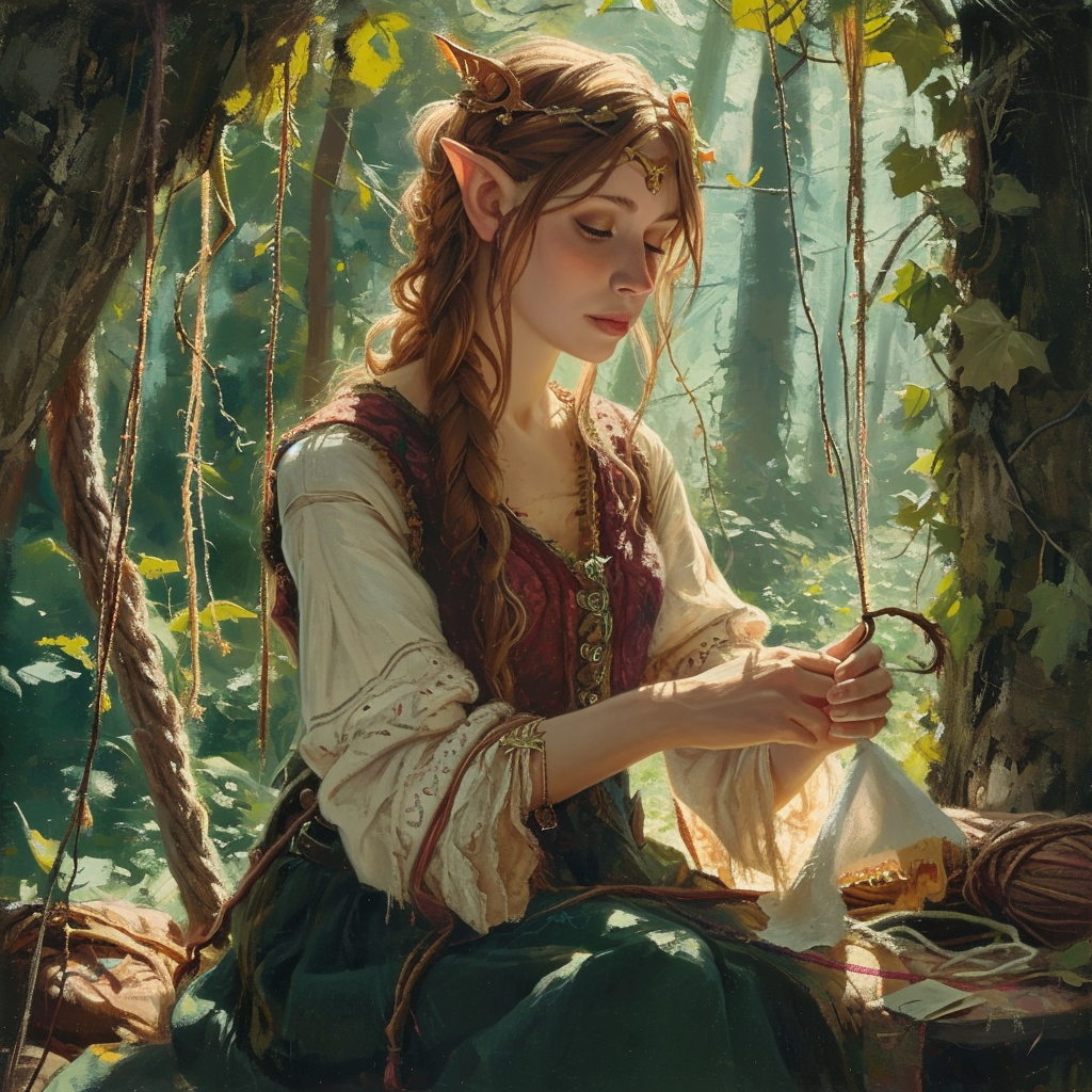 Beautiful Elvish Woman Sewing Enchants with Her Craft