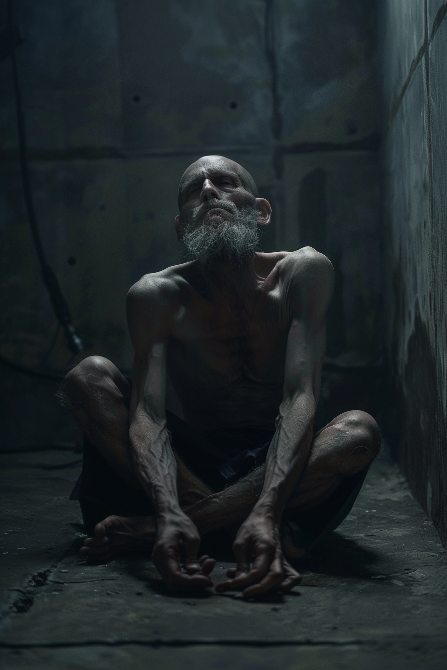 Emaciated man waiting in prison