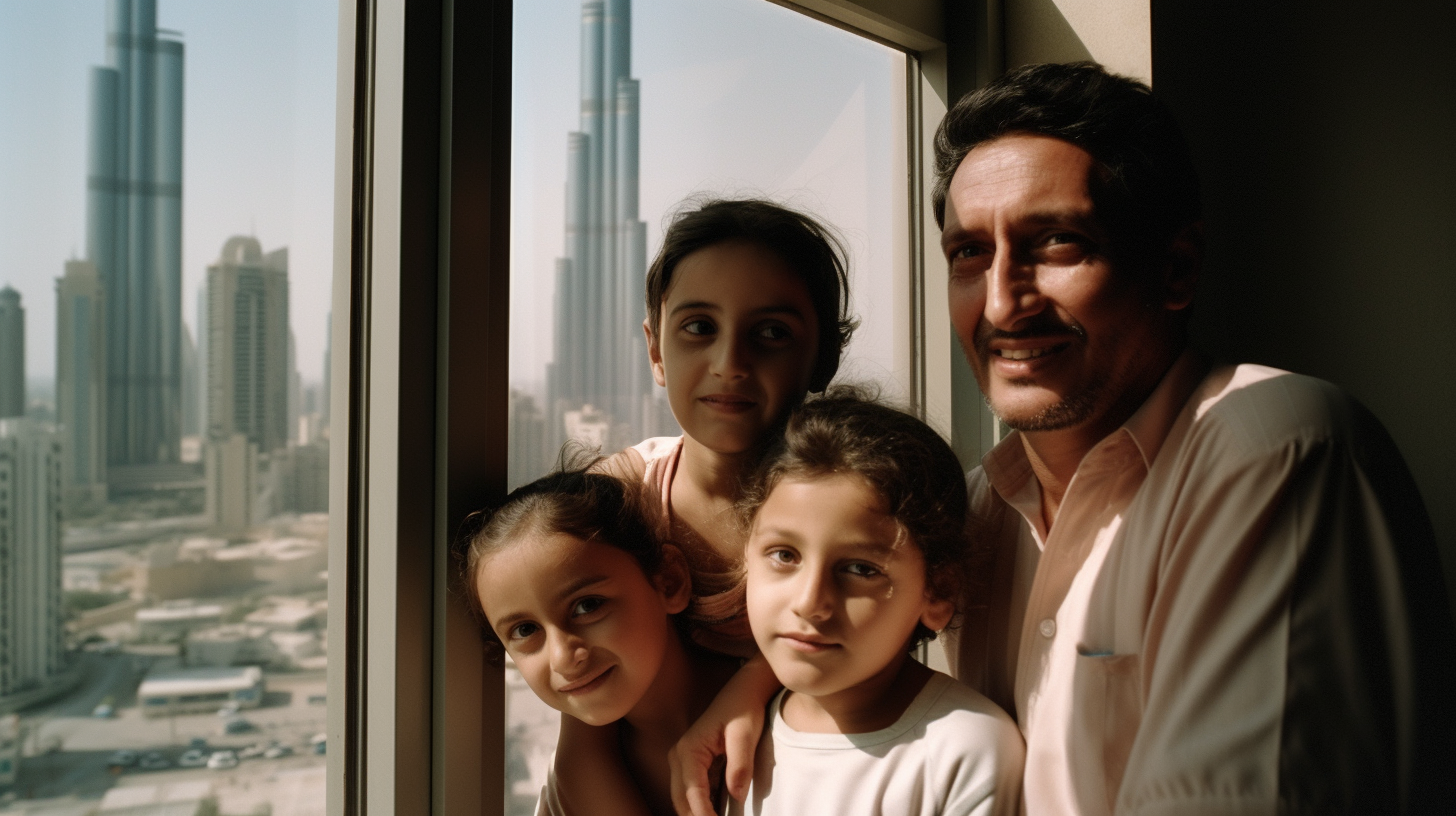 Emarati family having fun with two kids in front of Burj Khalifa