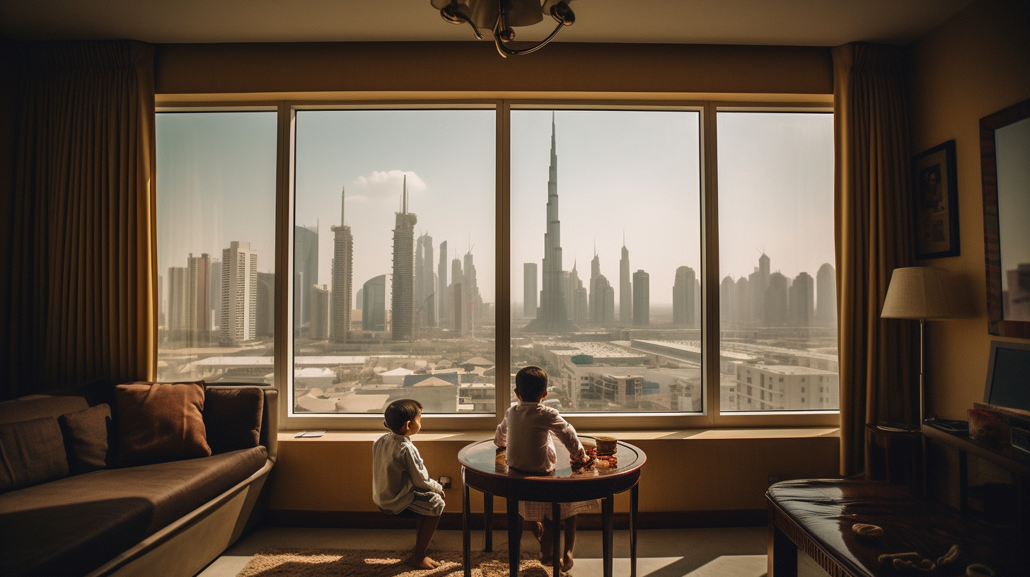 Emarati parents having fun with kids under blue sky and Burj Khalifa