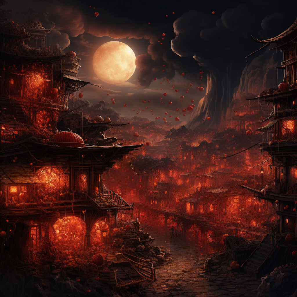 Vibrant cityscape filled with glowing embers and ripe fruit