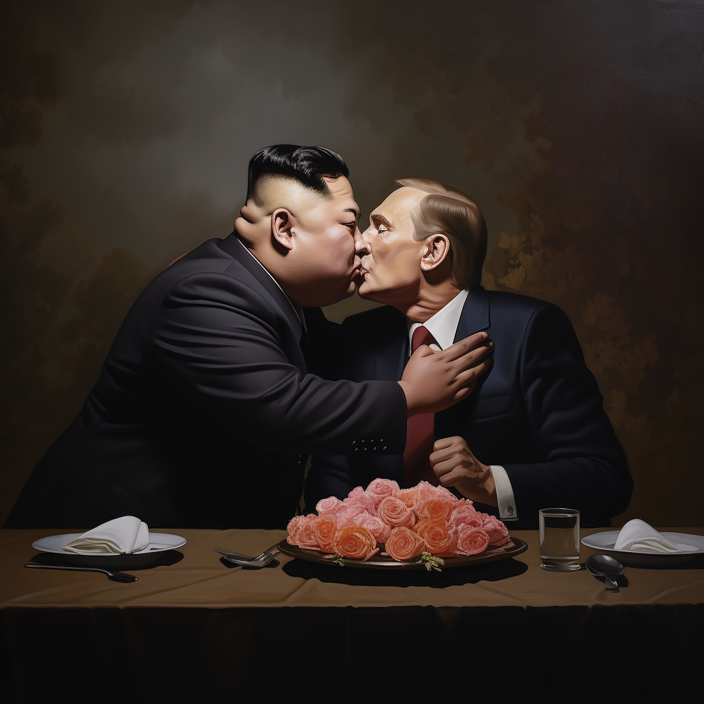 Vladimir Poutine and Kim Jong Un embracing