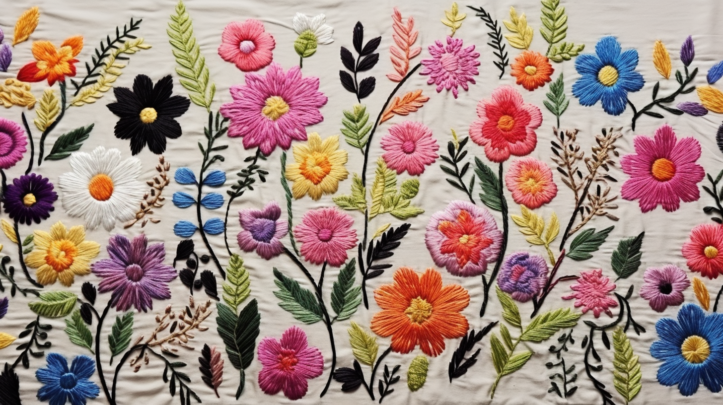 Beautiful embroidered floral fabric with decaying flowers