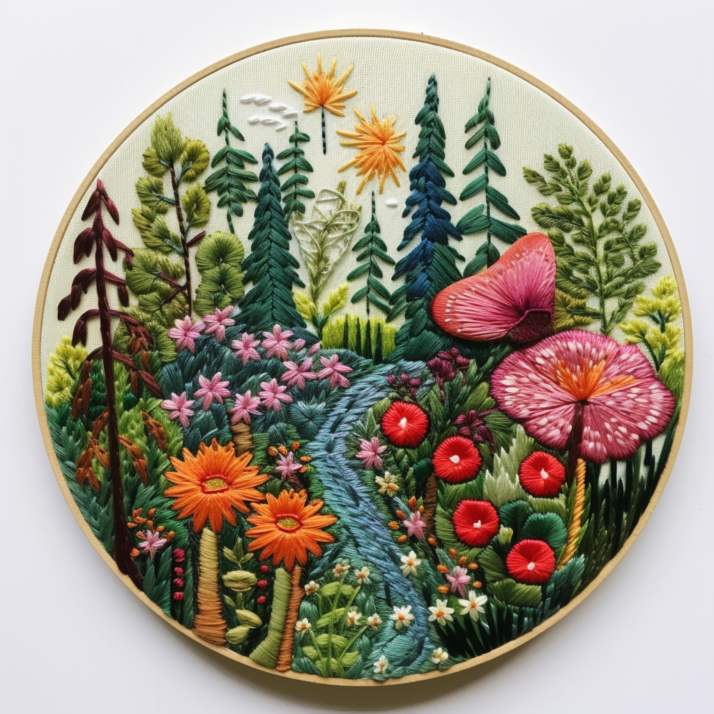 Round embroidery patch with pine trees and forest flowers