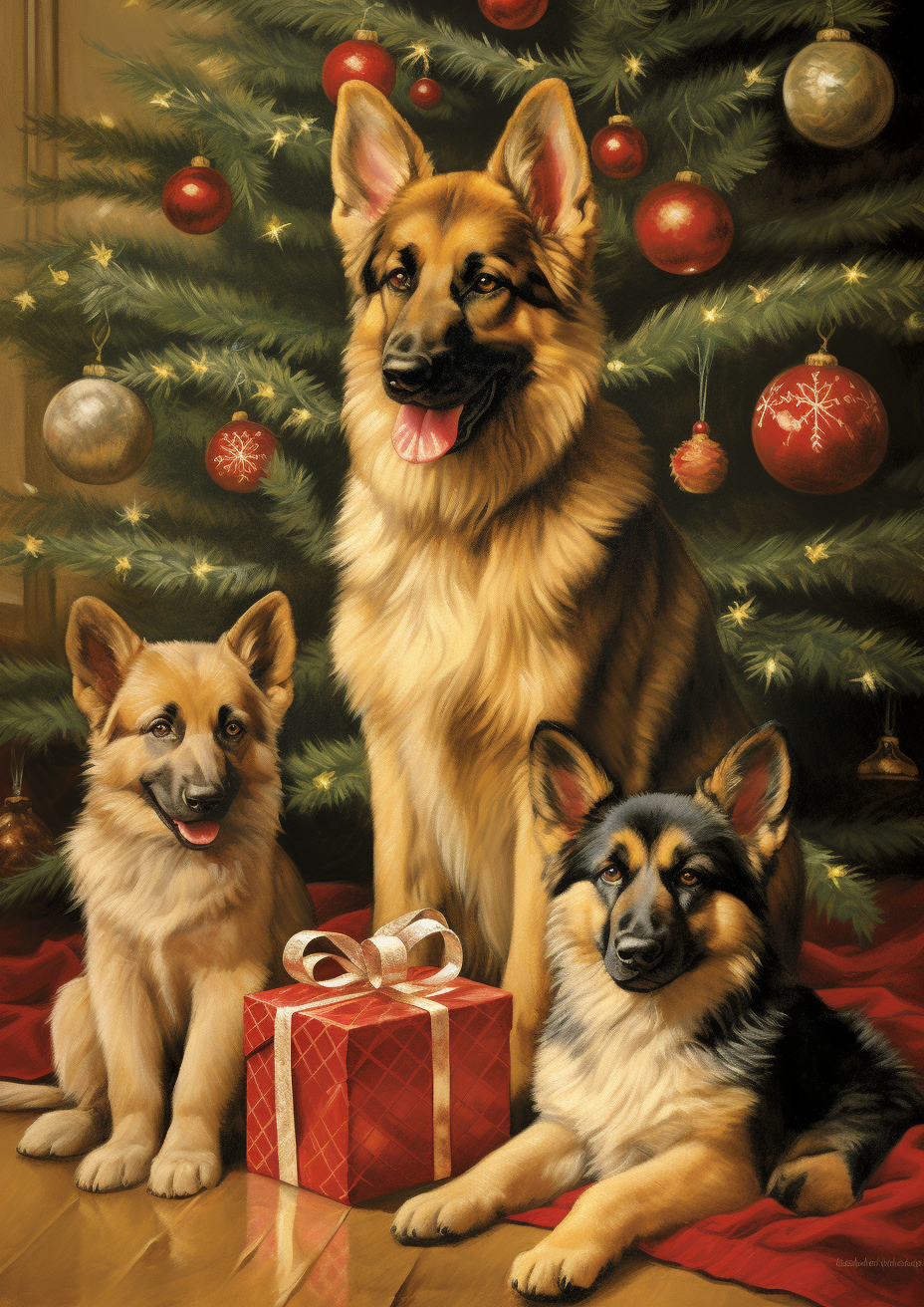 Embroidery of German Shepherds by Christmas Tree