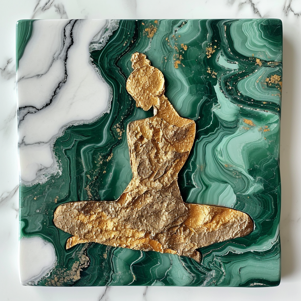 Woman sculpture on emerald and gold flake marble