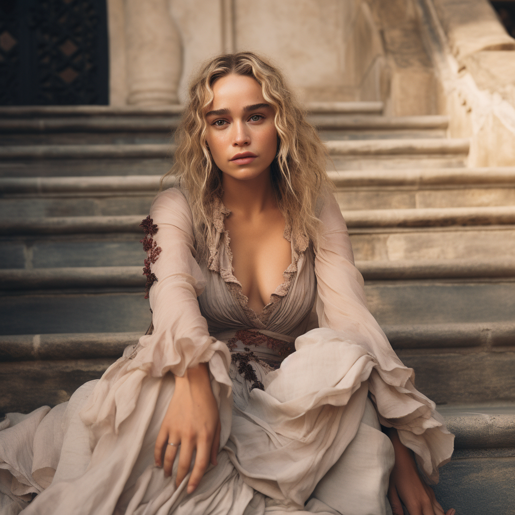 Emilia Clarke sitting on marble steps