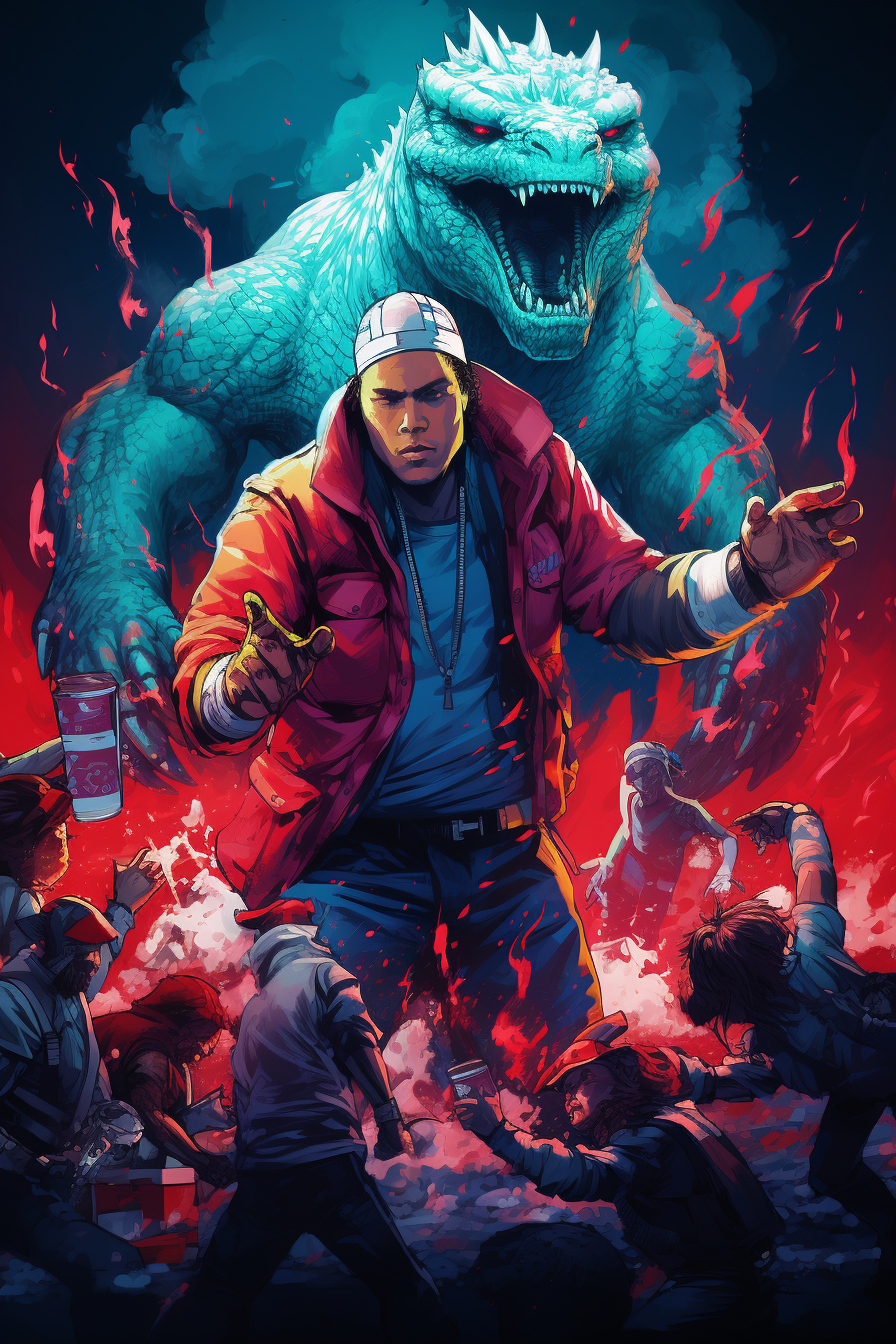 Eminem battling Godzilla with vibrant background