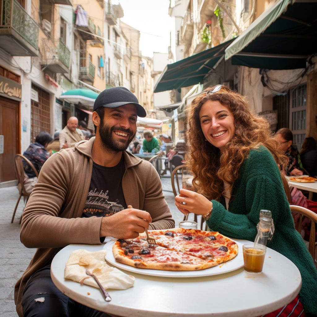 Emirati couple enjoying delicious pizza