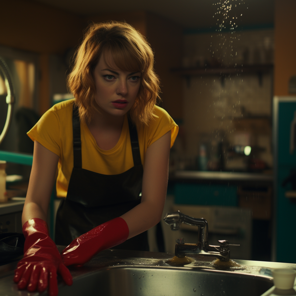 Emma Stone washing dishes wearing rubber gloves