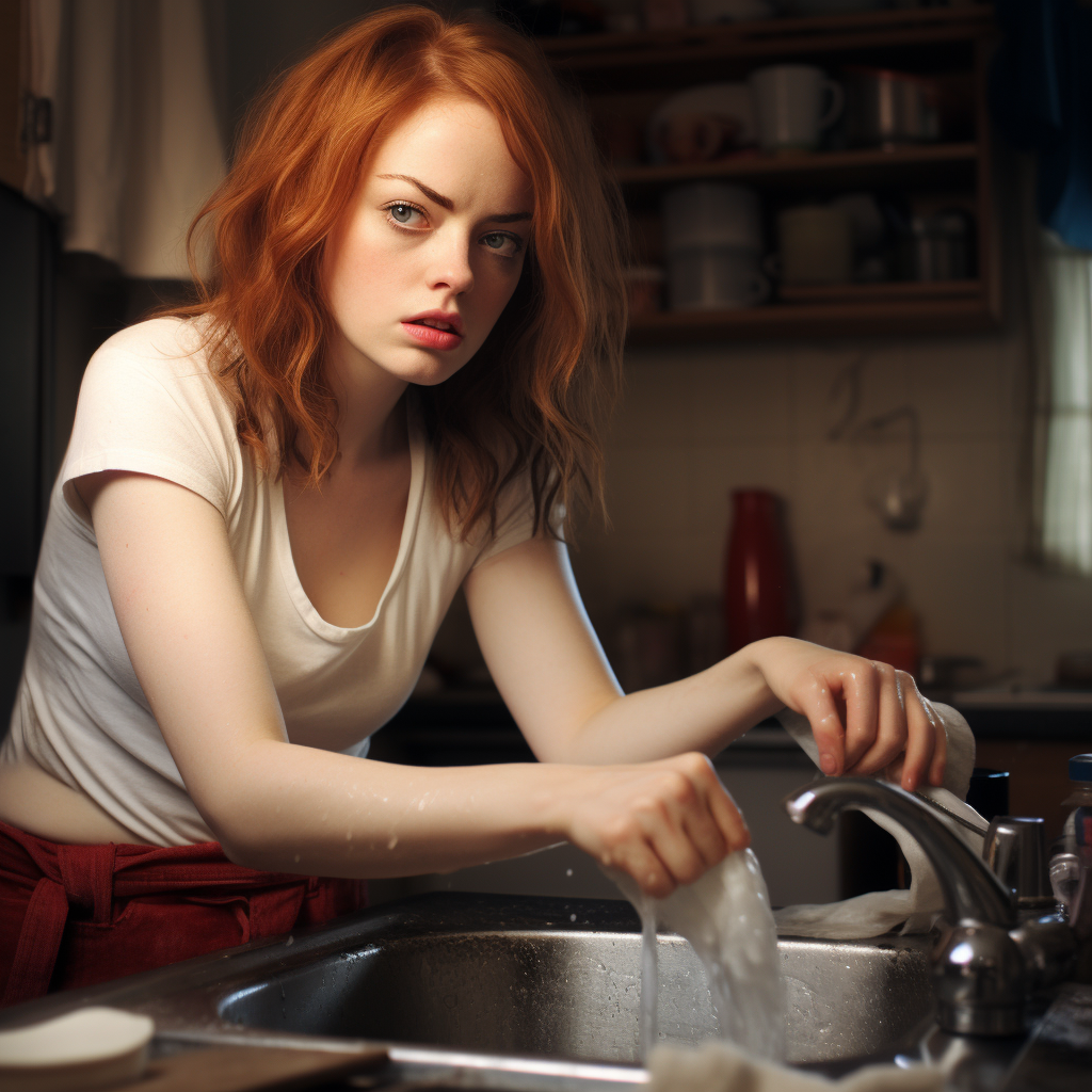 Emma Stone washing dishes with a smile