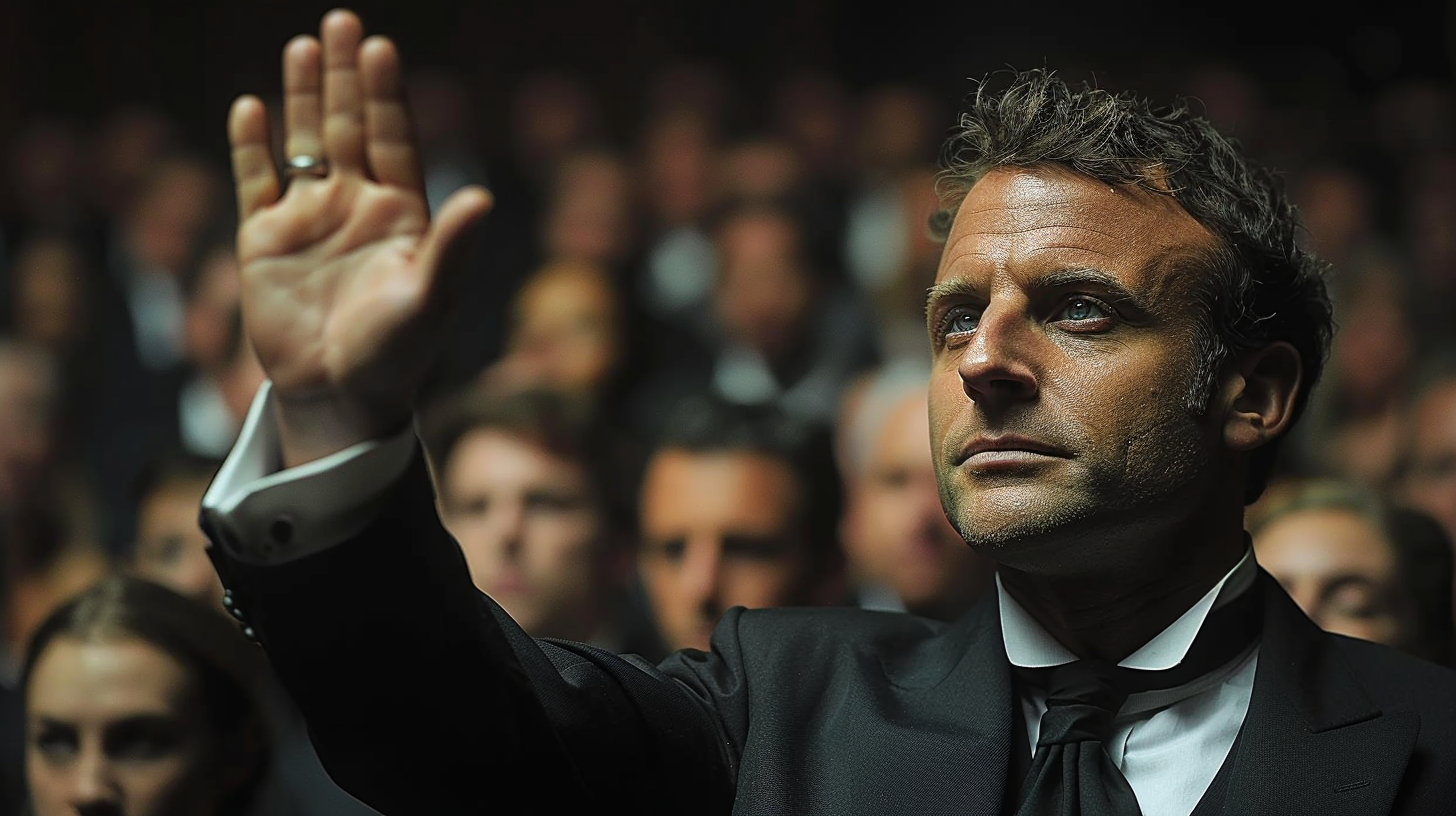 Macron raising hand black background