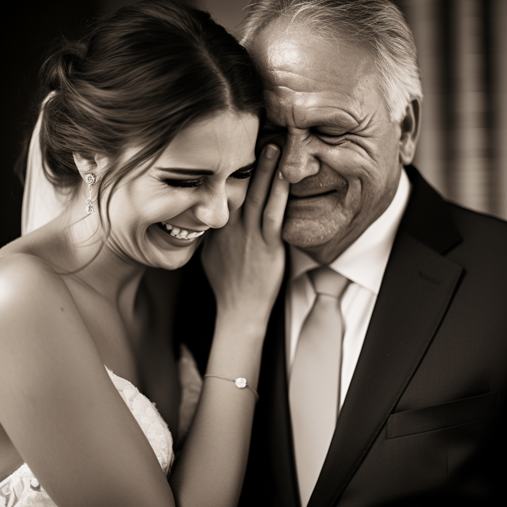 Emotional bride and father sharing tears of joy