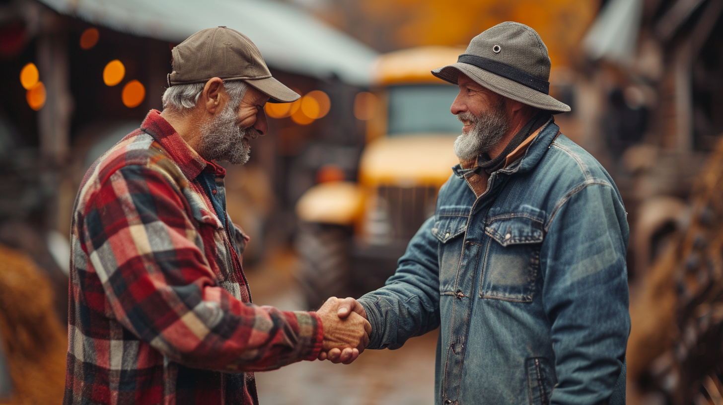 Emotional handshake between farmer and truckdriver