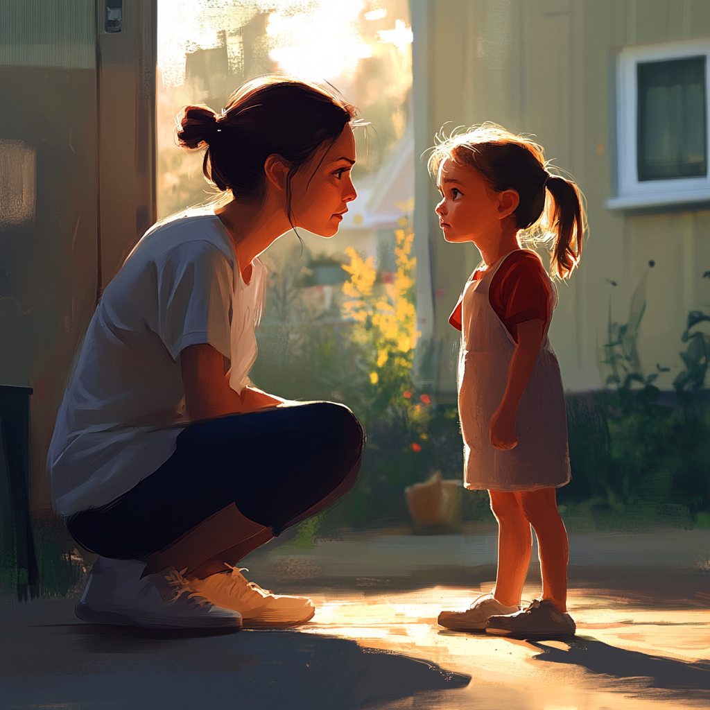 Mother and daughter chatting at kindergarten