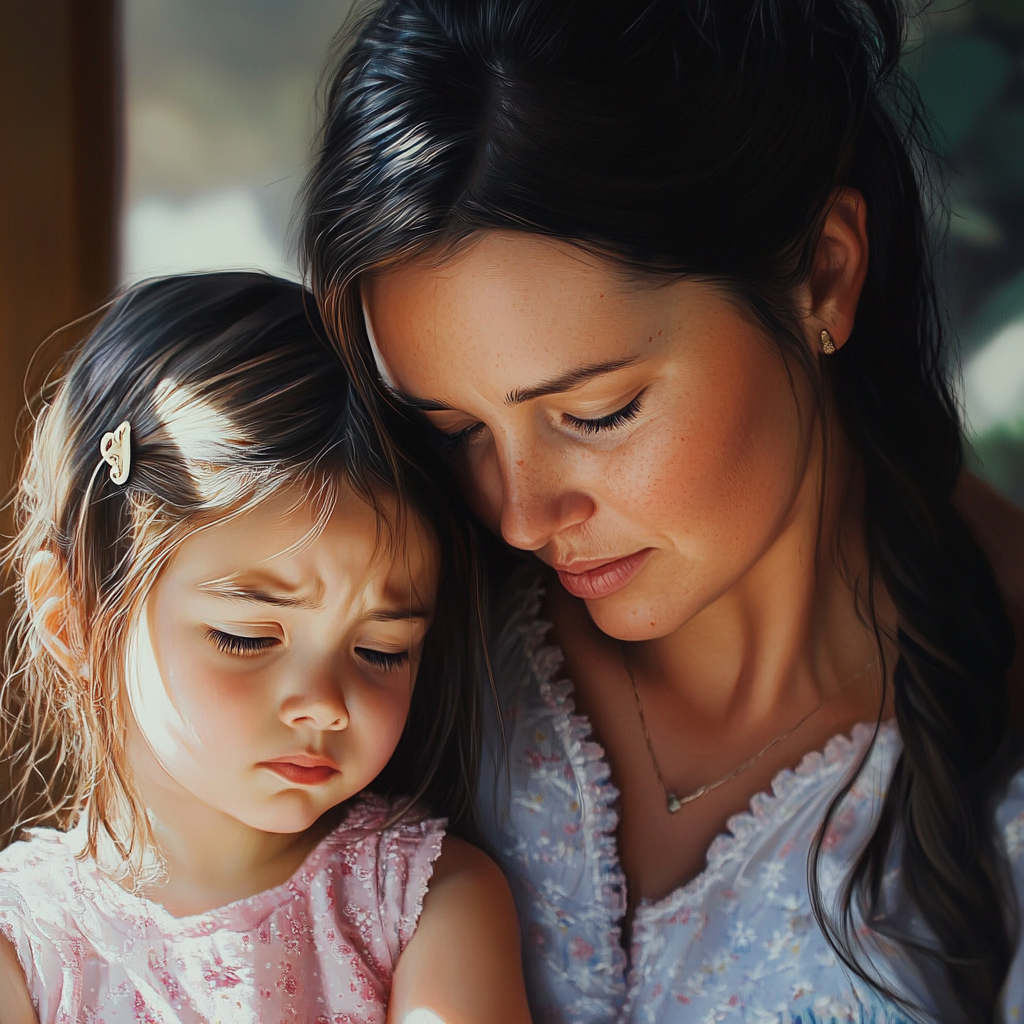 Mother comforting upset daughter kindergarten