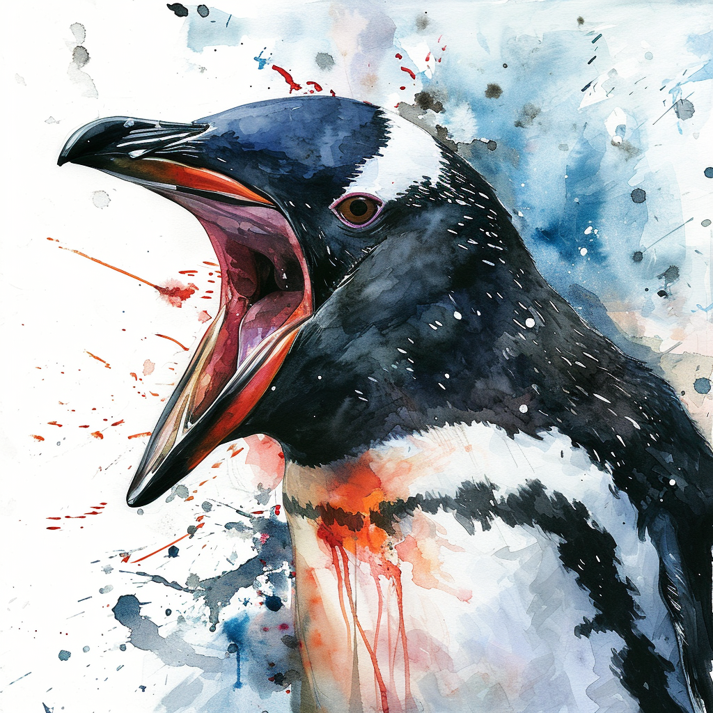 Aggressive Emperor Penguin in Watercolor Fantasy Art