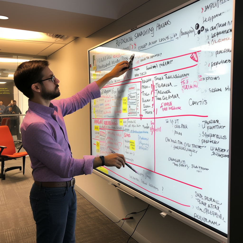 Employee testing dry erase markers on whiteboard