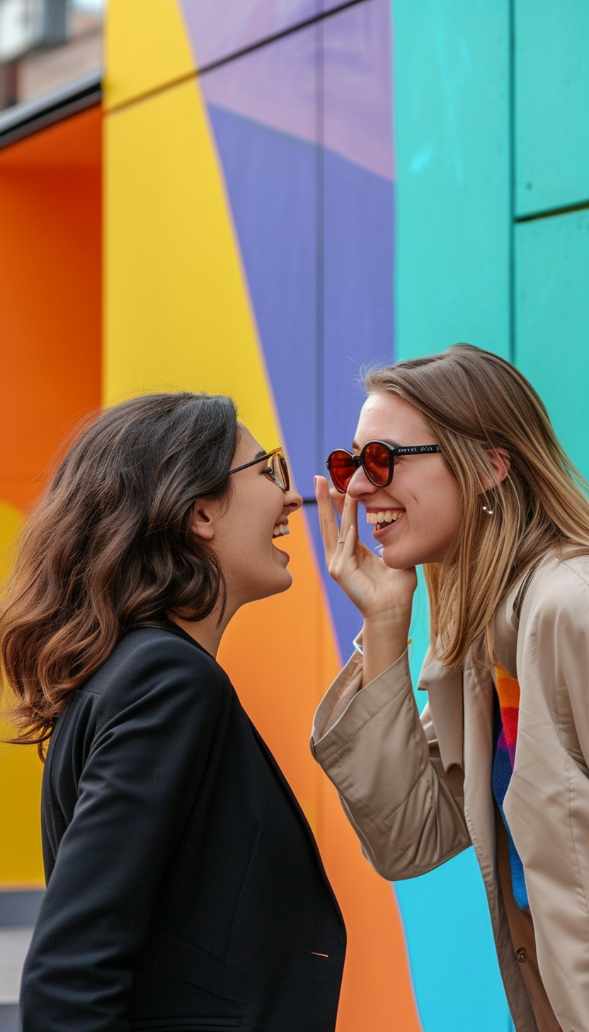 Whispering secret between female employees outside building