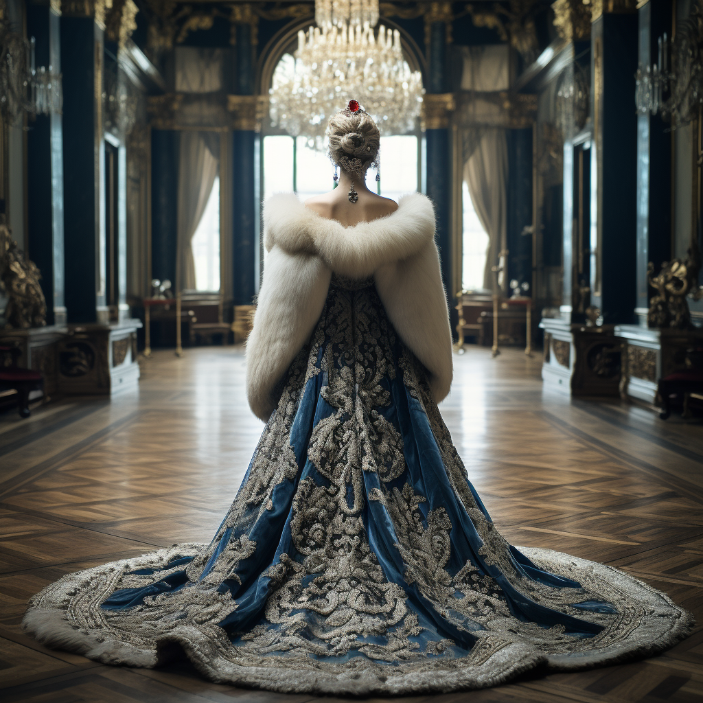 Empress in elegant gown and fur walking to throne