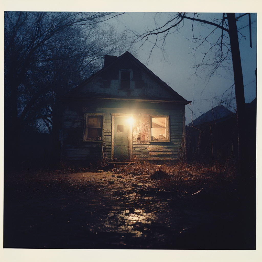 Eerie night scene of empty abandoned house