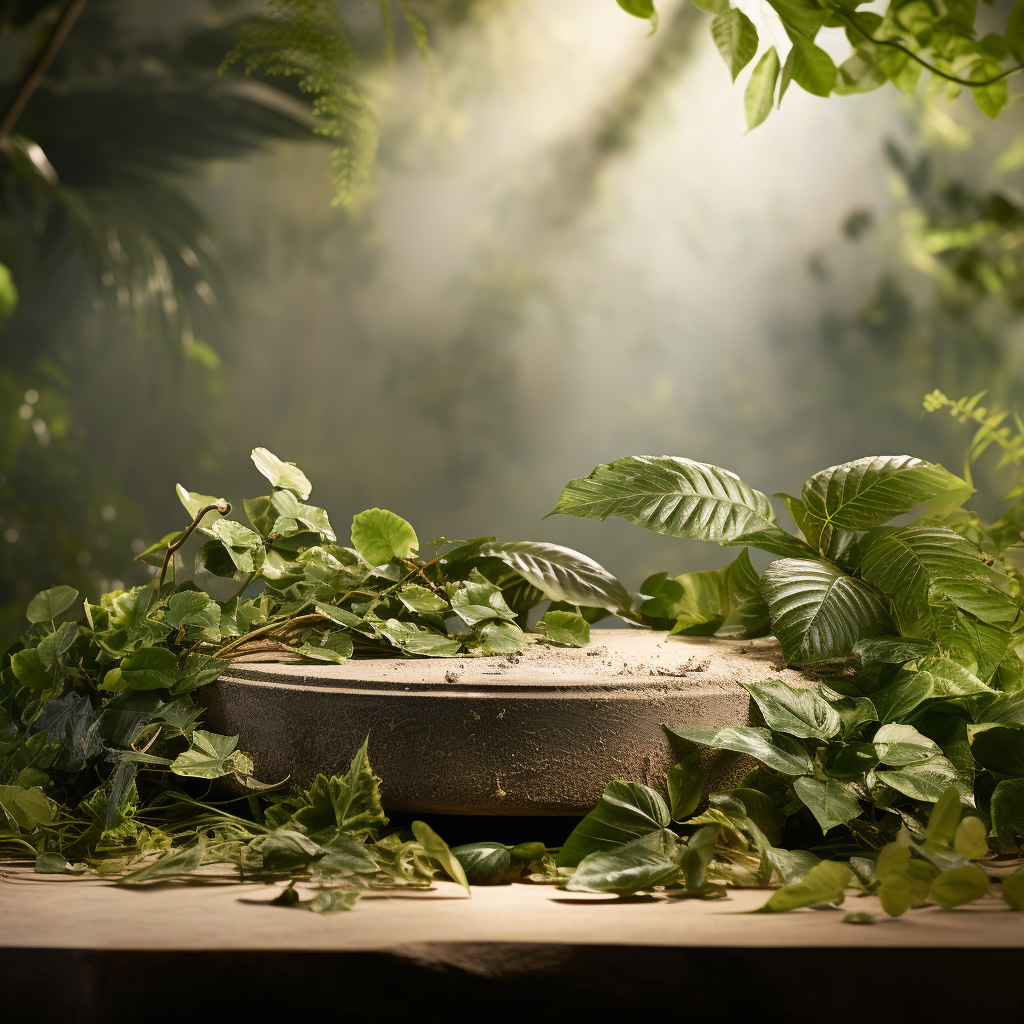 Minimal pedestal with artistic background and green leaves