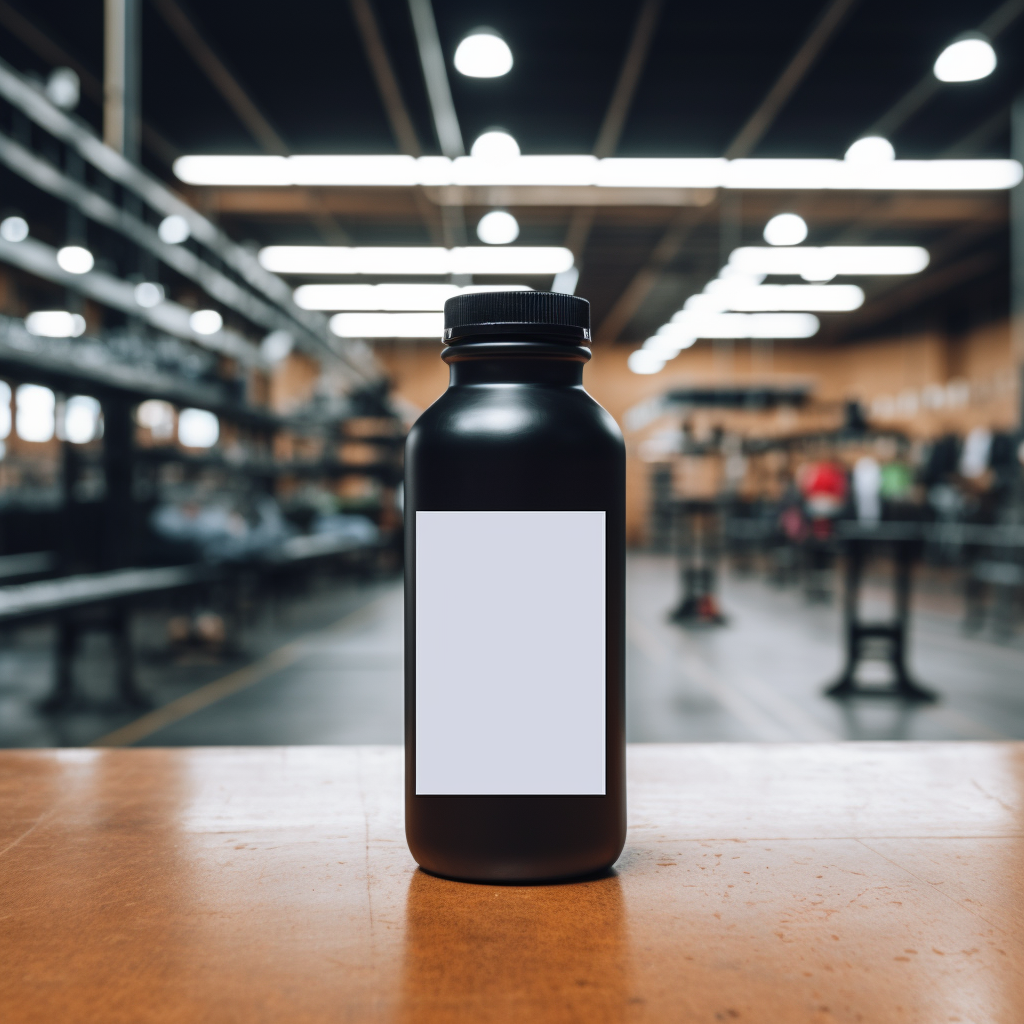 Empty Supplement Bottle on GYM Background