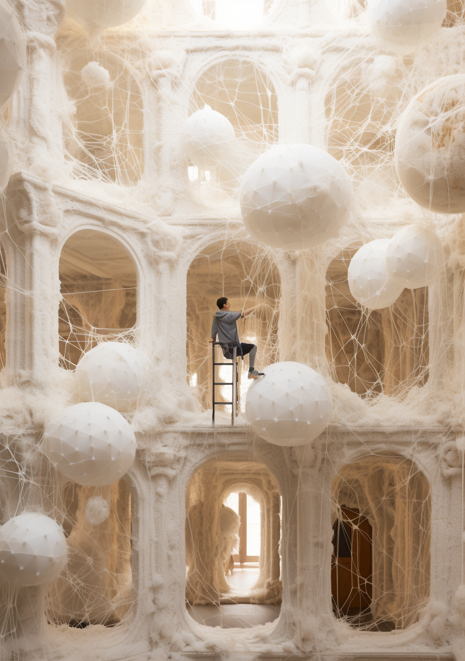 Whimsical ceramic empty building covered in spider's webs