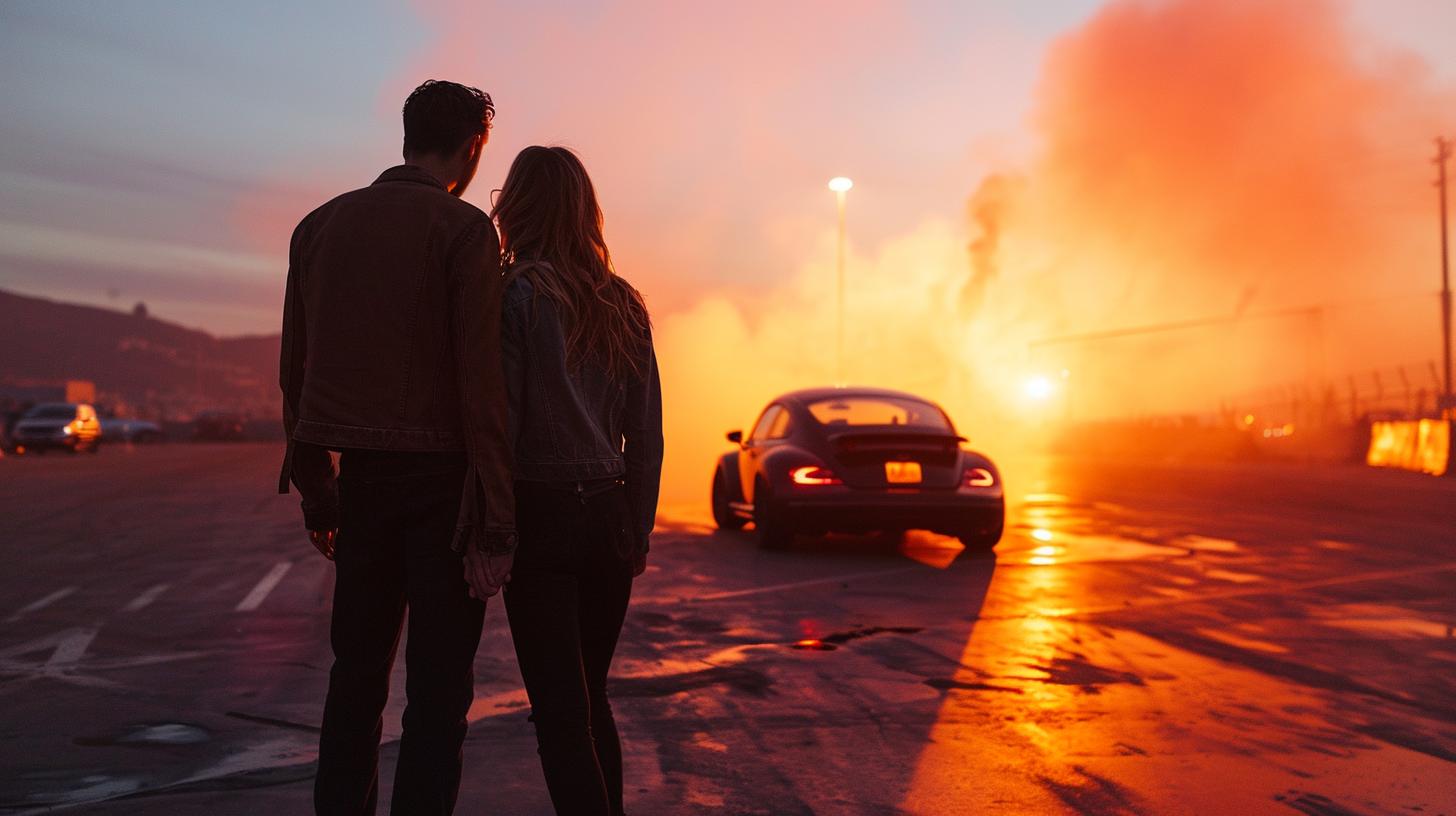 Elon Musk and Greta Thunberg watching Volkswagen Beetle burnout